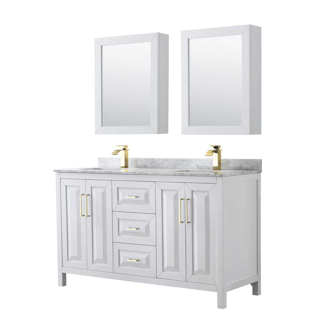 Wyndham Daria 60 Inch Double Bathroom Vanity in White, White Carrara Marble Countertop, Undermount Square Sinks, Medicine Cabinets, Brushed Gold Trim- Wyndham