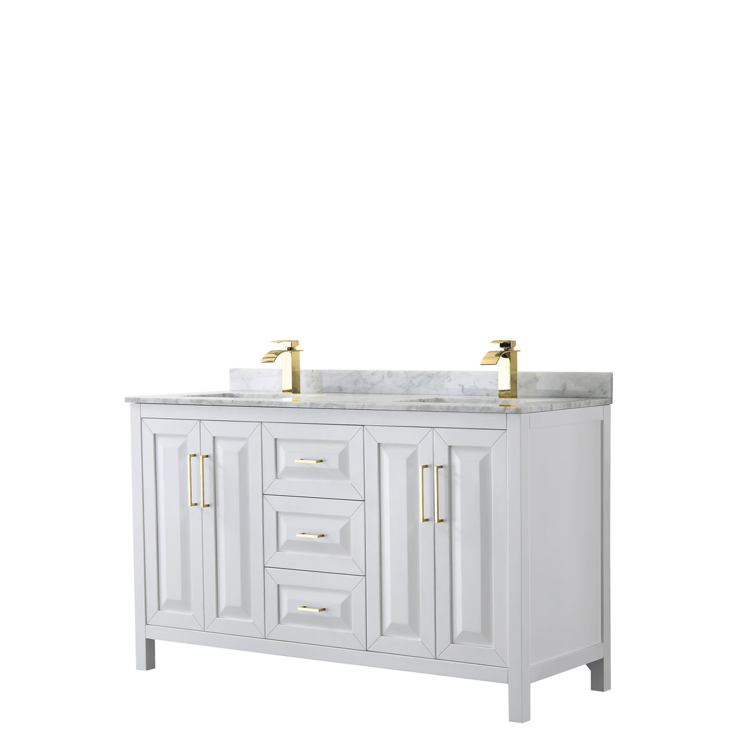 Wyndham Daria 60 Inch Double Bathroom Vanity in White, White Carrara Marble Countertop, Undermount Square Sinks, Brushed Gold Trim- Wyndham