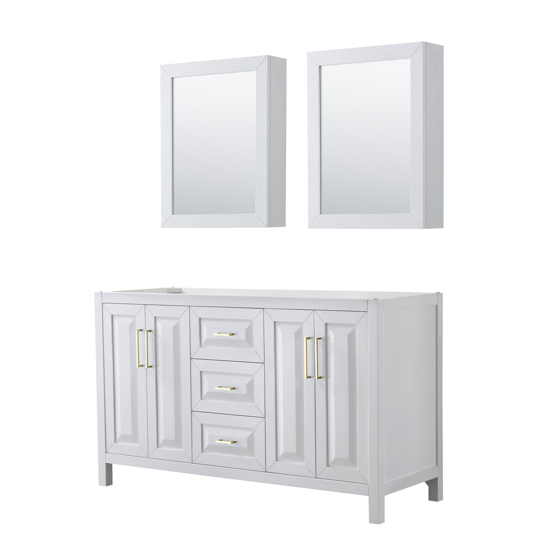 Wyndham Daria 60 Inch Double Bathroom Vanity in White, No Countertop, No Sink, Medicine Cabinets, Brushed Gold Trim- Wyndham