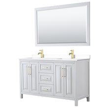 Load image into Gallery viewer, Wyndham Daria 60 Inch Double Bathroom Vanity in White, White Cultured Marble Countertop, Undermount Square Sinks, 58 Inch Mirror, Brushed Gold Trim- Wyndham