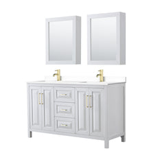 Load image into Gallery viewer, Wyndham Daria 60 Inch Double Bathroom Vanity in White, White Cultured Marble Countertop, Undermount Square Sinks, Medicine Cabinets, Brushed Gold Trim- Wyndham
