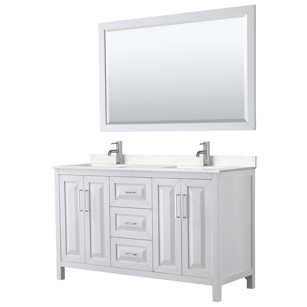 Wyndham Daria 60 Inch Double Bathroom Vanity in White, Light-Vein Carrara Cultured Marble Countertop, Undermount Square Sinks, 58 Inch Mirror- Wyndham
