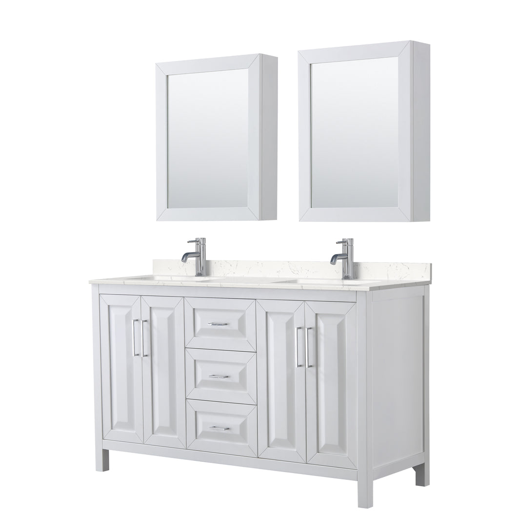 Wyndham Daria 60 Inch Double Bathroom Vanity in White, Light-Vein Carrara Cultured Marble Countertop, Undermount Square Sinks, Medicine Cabinets- Wyndham
