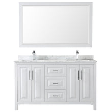 Load image into Gallery viewer, Wyndham Daria 60 Inch Double Bathroom Vanity in White, White Carrara Marble Countertop, Undermount Square Sinks, and 58 Inch Mirror- Wyndham