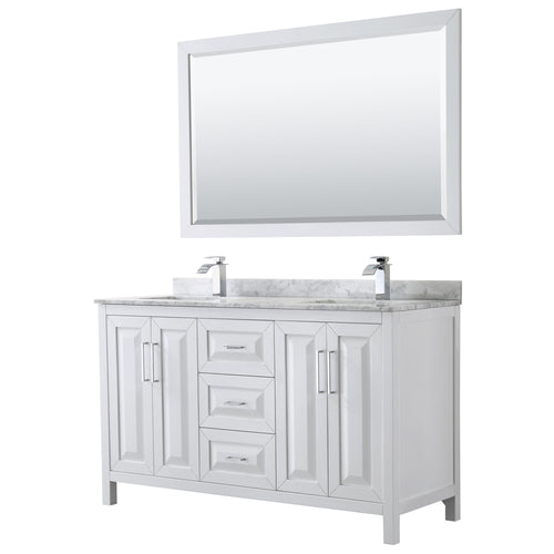 Wyndham Daria 60 Inch Double Bathroom Vanity in White, White Carrara Marble Countertop, Undermount Square Sinks, and 58 Inch Mirror- Wyndham