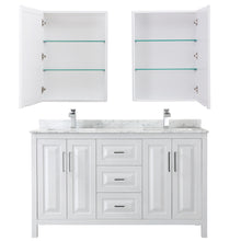Load image into Gallery viewer, Wyndham Daria 60 Inch Double Bathroom Vanity in White, White Carrara Marble Countertop, Undermount Square Sinks, and Medicine Cabinets- Wyndham