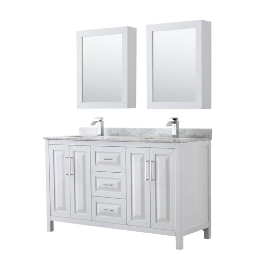 Wyndham Daria 60 Inch Double Bathroom Vanity in White, White Carrara Marble Countertop, Undermount Square Sinks, and Medicine Cabinets- Wyndham