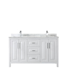 Load image into Gallery viewer, Wyndham Daria 60 Inch Double Bathroom Vanity in White, White Carrara Marble Countertop, Undermount Square Sinks, and No Mirror- Wyndham