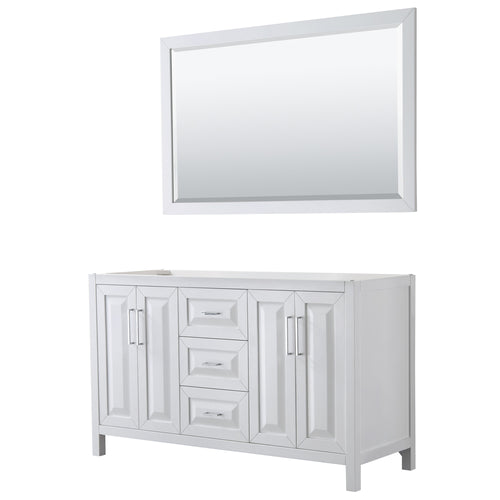 Wyndham Daria 60 Inch Double Bathroom Vanity in White, No Countertop, No Sink, and 58 Inch Mirror- Wyndham
