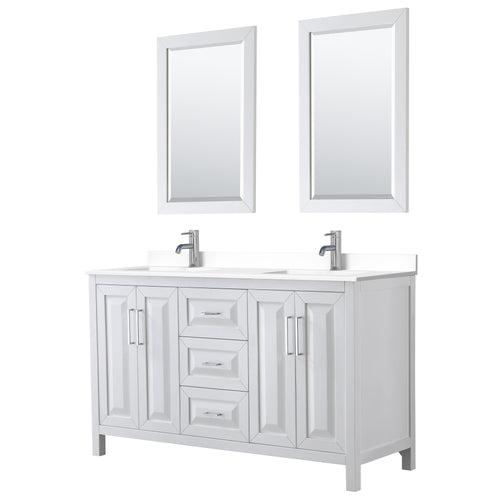 Wyndham Daria 60 Inch Double Bathroom Vanity in White, White Cultured Marble Countertop, Undermount Square Sinks, 24 Inch Mirrors- Wyndham