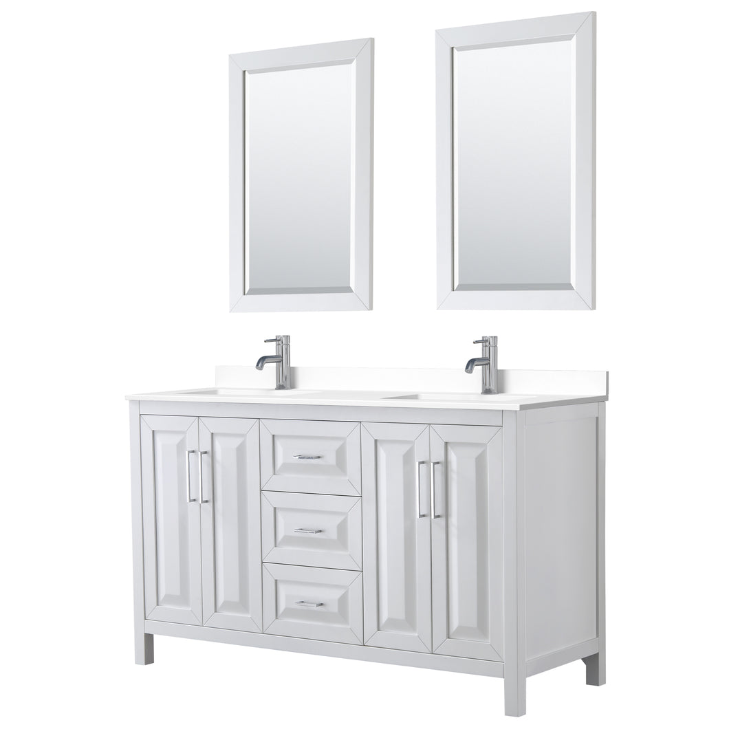 Wyndham Daria 60 Inch Double Bathroom Vanity in White, White Cultured Marble Countertop, Undermount Square Sinks, 24 Inch Mirrors- Wyndham