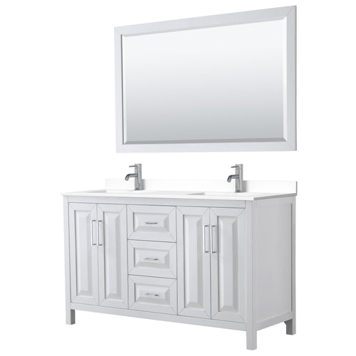 Wyndham Daria 60 Inch Double Bathroom Vanity in White, White Cultured Marble Countertop, Undermount Square Sinks, 58 Inch Mirror- Wyndham