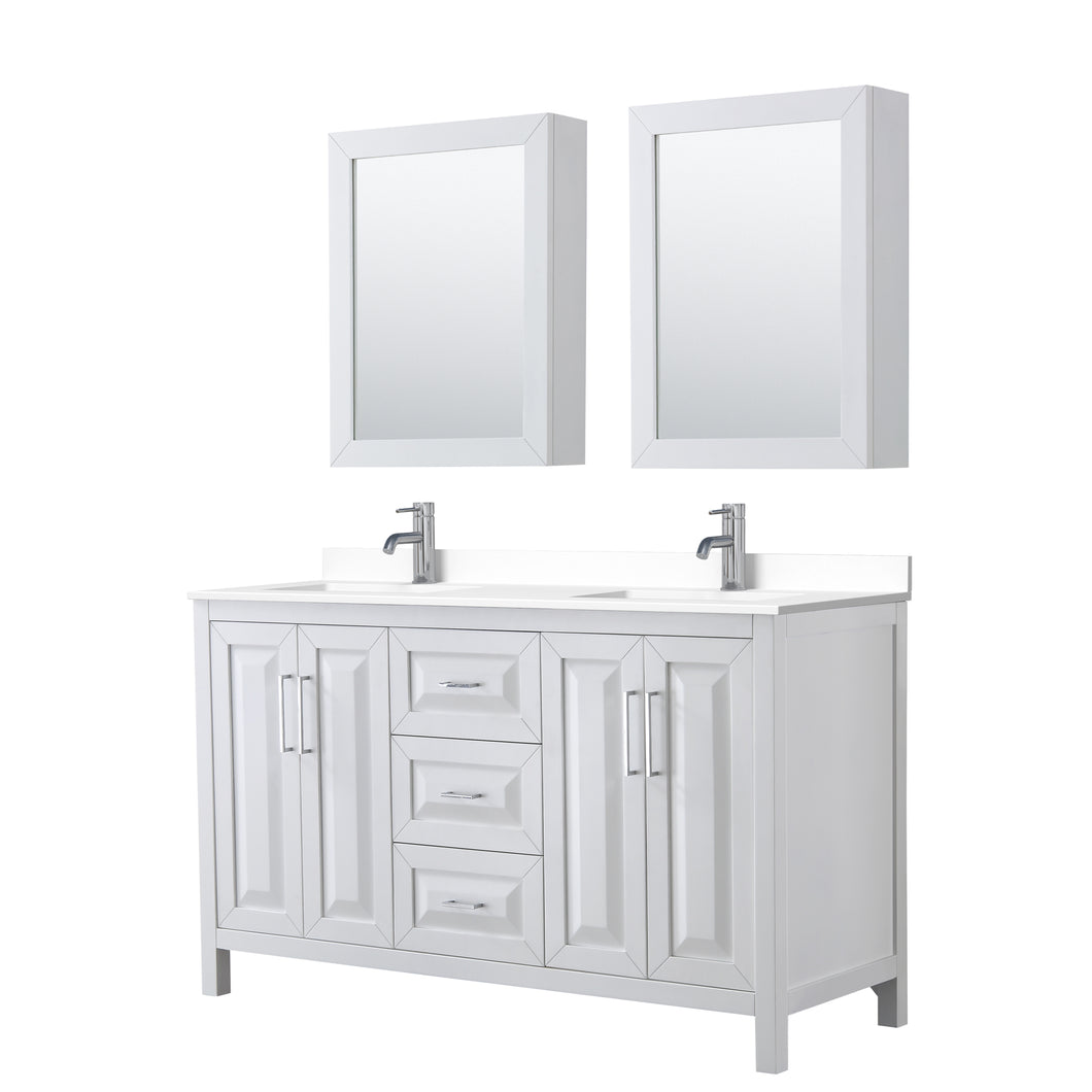 Wyndham Daria 60 Inch Double Bathroom Vanity in White, White Cultured Marble Countertop, Undermount Square Sinks, Medicine Cabinets- Wyndham