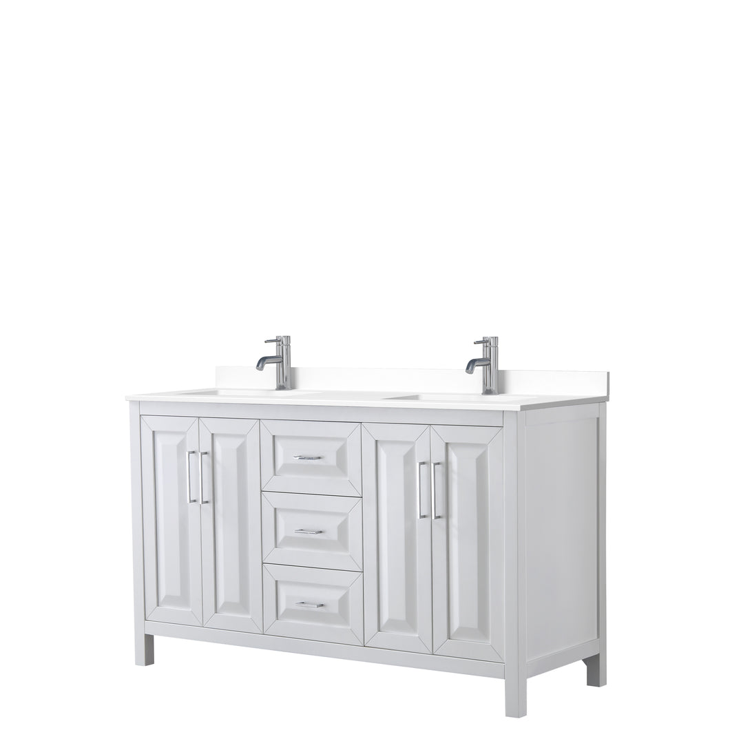 Wyndham Daria 60 Inch Double Bathroom Vanity in White, White Cultured Marble Countertop, Undermount Square Sinks, No Mirror- Wyndham