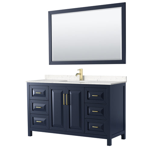 Wyndham Daria 60 Inch Single Bathroom Vanity in Dark Blue, Light-Vein Carrara Cultured Marble Countertop, Undermount Square Sink, 58 Inch Mirror- Wyndham