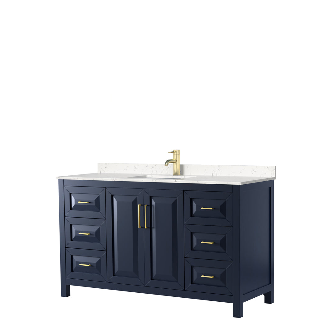Wyndham Daria 60 Inch Single Bathroom Vanity in Dark Blue, Light-Vein Carrara Cultured Marble Countertop, Undermount Square Sink, No Mirror- Wyndham