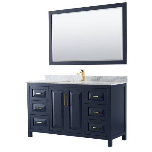 Wyndham Daria 60 Inch Single Bathroom Vanity in Dark Blue, White Carrara Marble Countertop, Undermount Square Sink, 58 Inch Mirror- Wyndham