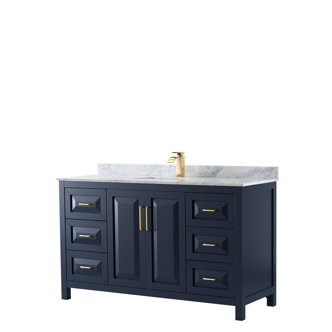 Wyndham Daria 60 Inch Single Bathroom Vanity in Dark Blue, White Carrara Marble Countertop, Undermount Square Sink, No Mirror- Wyndham