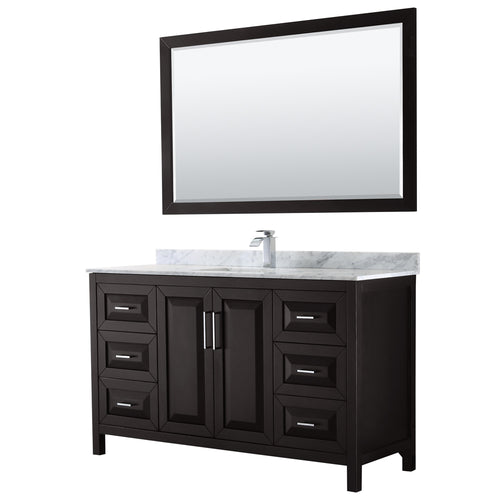 Wyndham Daria 60 Inch Single Bathroom Vanity in Dark Espresso, White Carrara Marble Countertop, Undermount Square Sink, and 58 Inch Mirror- Wyndham