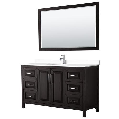 Wyndham Daria 60 Inch Single Bathroom Vanity in Dark Espresso, White Cultured Marble Countertop, Undermount Square Sink, 58 Inch Mirror- Wyndham