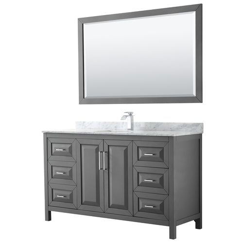 Wyndham Daria 60 Inch Single Bathroom Vanity in Dark Gray, White Carrara Marble Countertop, Undermount Square Sink, and 58 Inch Mirror- Wyndham