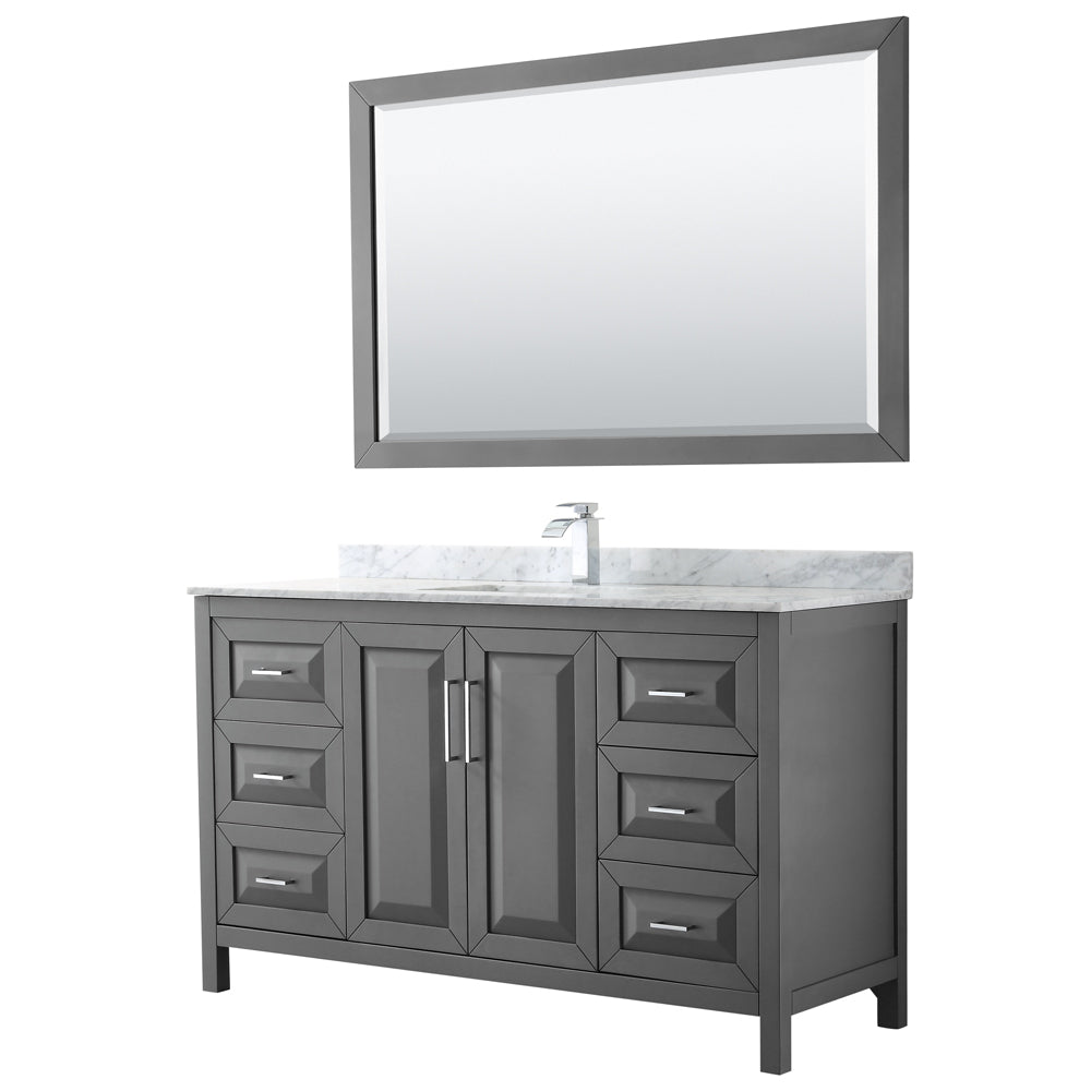 Wyndham Daria 60 Inch Single Bathroom Vanity in Dark Gray, White Carrara Marble Countertop, Undermount Square Sink, and 58 Inch Mirror- Wyndham