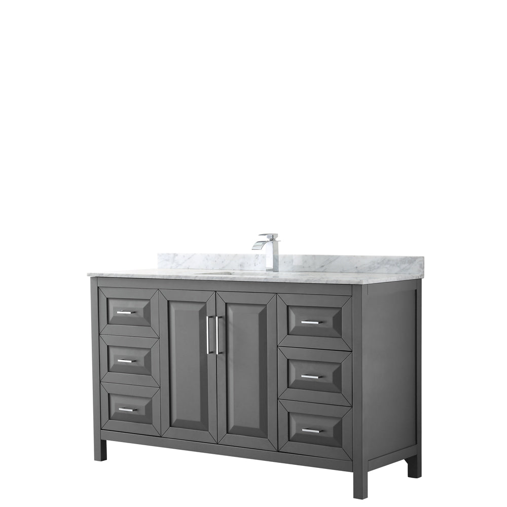Wyndham Daria 60 Inch Single Bathroom Vanity in Dark Gray, White Carrara Marble Countertop, Undermount Square Sink, and No Mirror- Wyndham
