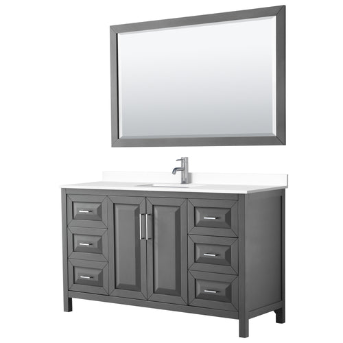 Wyndham Daria 60 Inch Single Bathroom Vanity in Dark Gray, White Cultured Marble Countertop, Undermount Square Sink, 58 Inch Mirror- Wyndham