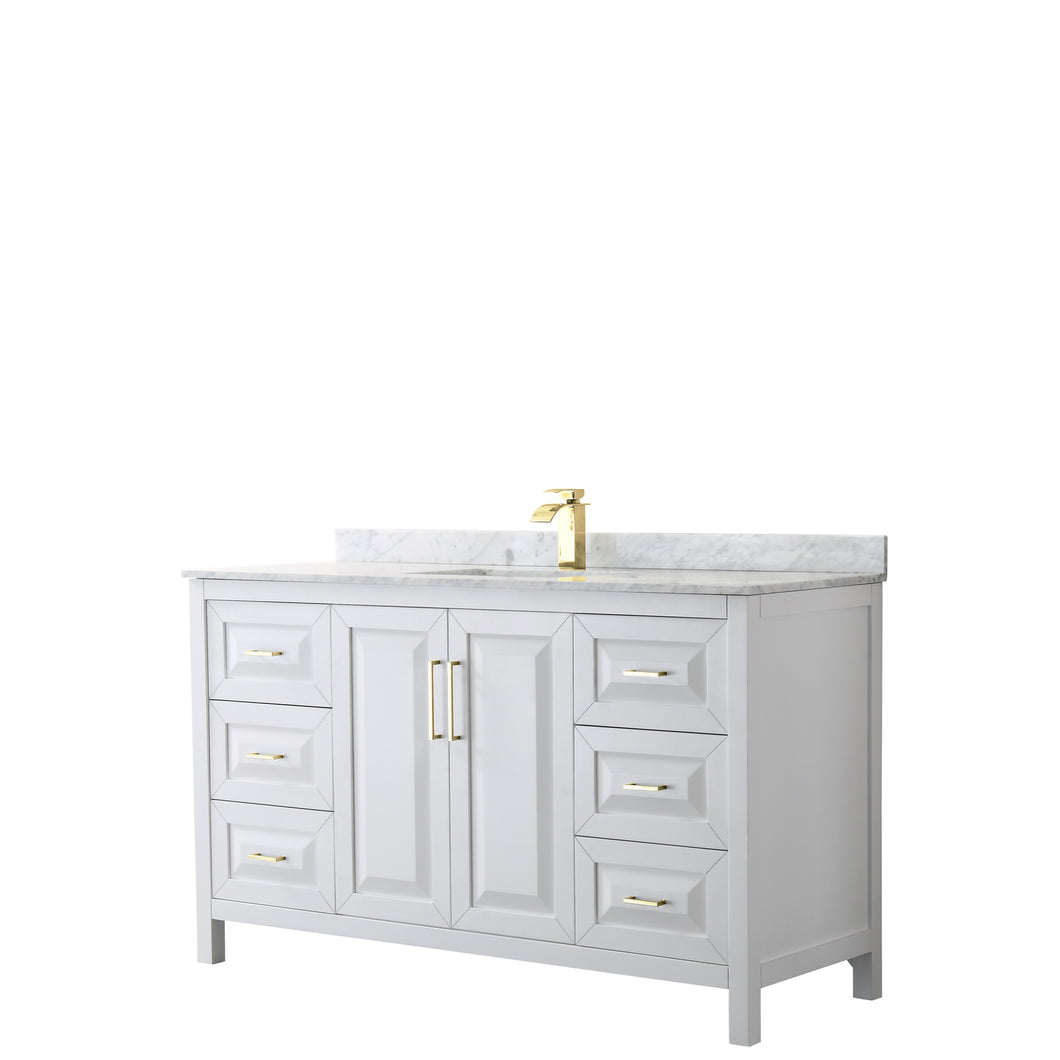 Wyndham Daria 60 Inch Single Bathroom Vanity in White, White Carrara Marble Countertop, Undermount Square Sink, Brushed Gold Trim- Wyndham