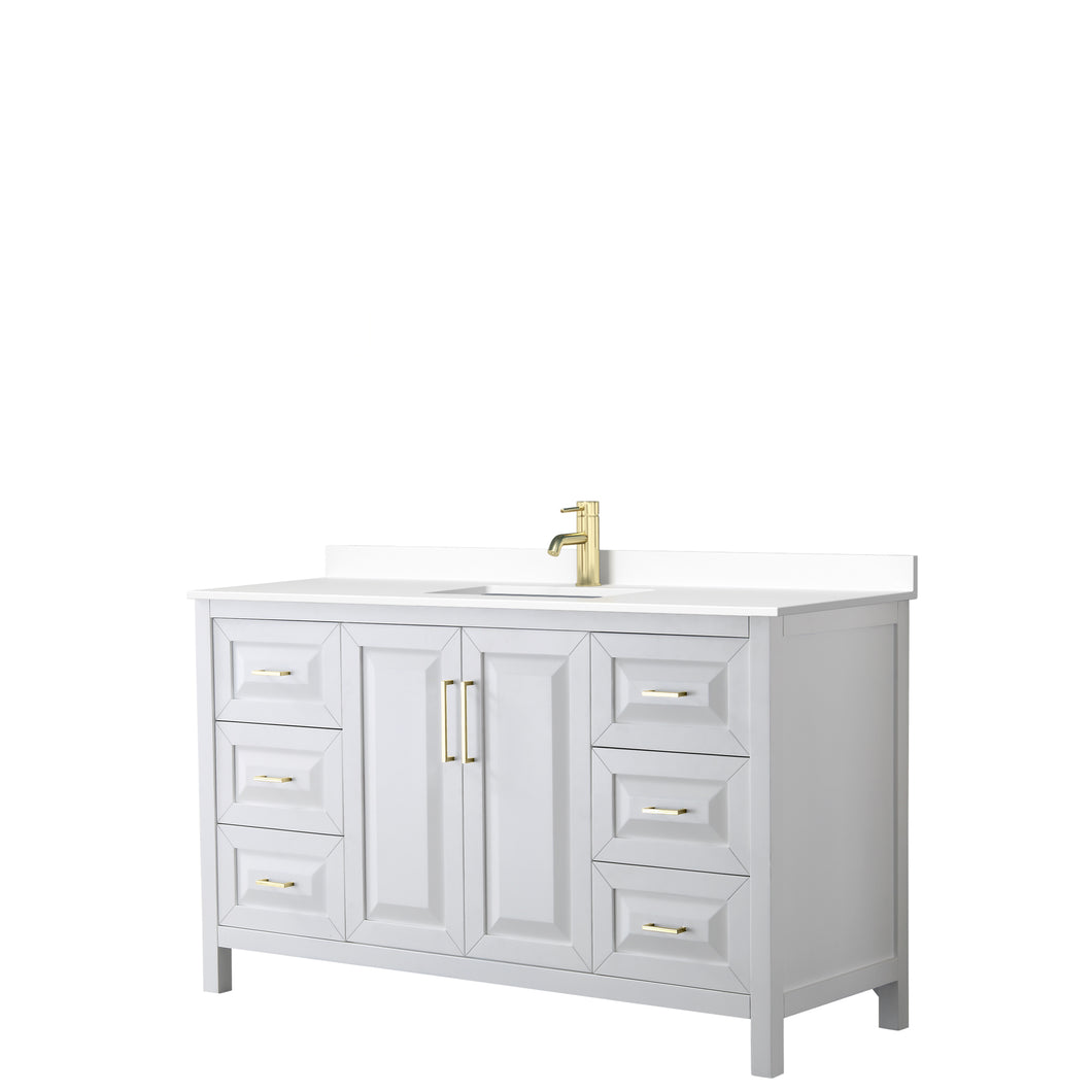 Wyndham Daria 60 Inch Single Bathroom Vanity in White, White Cultured Marble Countertop, Undermount Square Sink, Brushed Gold Trim- Wyndham