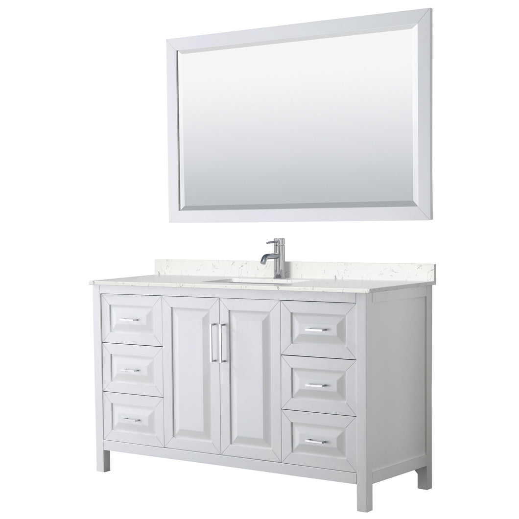 Wyndham Daria 60 Inch Single Bathroom Vanity in White, Light-Vein Carrara Cultured Marble Countertop, Undermount Square Sink, 58 Inch Mirror- Wyndham
