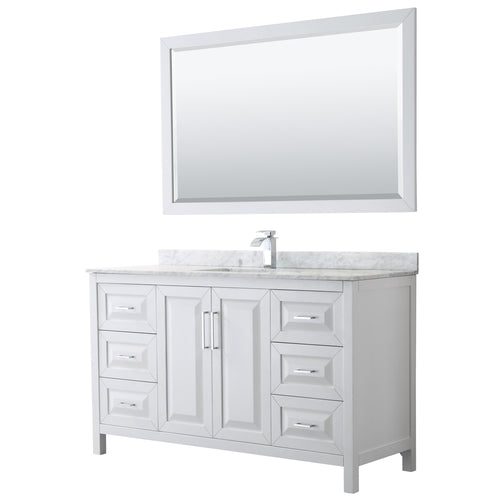Wyndham Daria 60 Inch Single Bathroom Vanity in White, White Carrara Marble Countertop, Undermount Square Sink, and 58 Inch Mirror- Wyndham