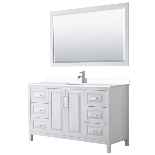 Wyndham Daria 60 Inch Single Bathroom Vanity in White, White Cultured Marble Countertop, Undermount Square Sink, 58 Inch Mirror- Wyndham