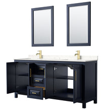 Load image into Gallery viewer, Wyndham Daria 72 Inch Double Bathroom Vanity in Dark Blue, Light-Vein Carrara Cultured Marble Countertop, Undermount Square Sinks, 24 Inch Mirrors- Wyndham