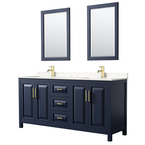 Wyndham Daria 72 Inch Double Bathroom Vanity in Dark Blue, Light-Vein Carrara Cultured Marble Countertop, Undermount Square Sinks, 24 Inch Mirrors- Wyndham