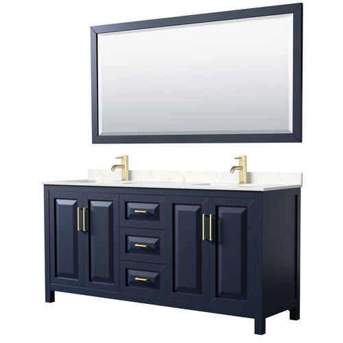 Wyndham Daria 72 Inch Double Bathroom Vanity in Dark Blue, Light-Vein Carrara Cultured Marble Countertop, Undermount Square Sinks, 70 Inch Mirror- Wyndham