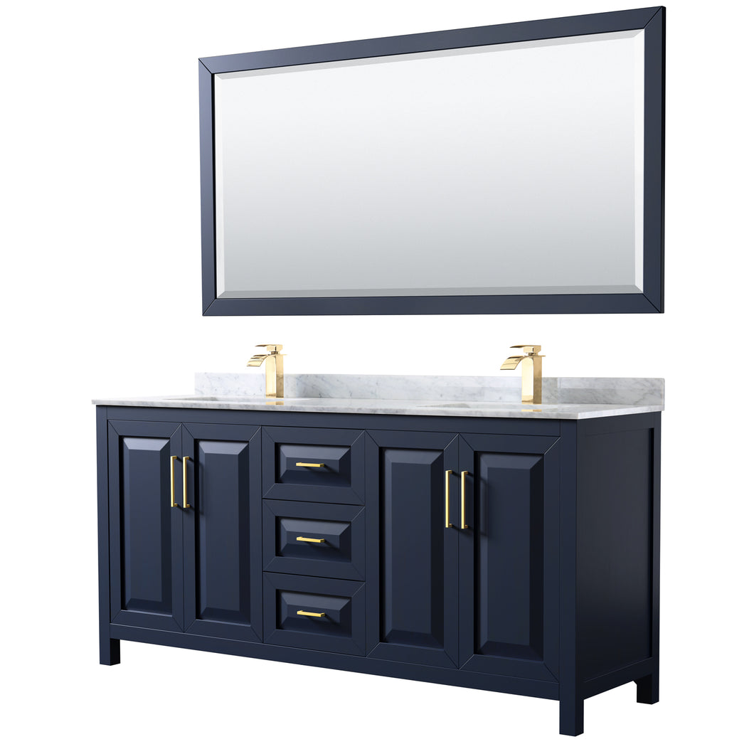 Wyndham Daria 72 Inch Double Bathroom Vanity in Dark Blue, White Carrara Marble Countertop, Undermount Square Sinks, 70 Inch Mirror- Wyndham
