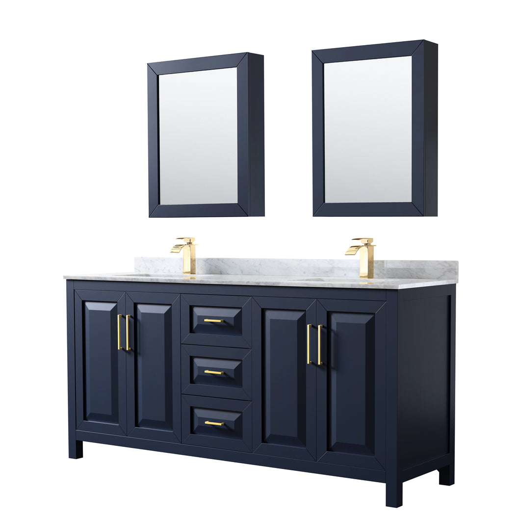 Wyndham Daria 72 Inch Double Bathroom Vanity in Dark Blue, White Carrara Marble Countertop, Undermount Square Sinks, Medicine Cabinets- Wyndham