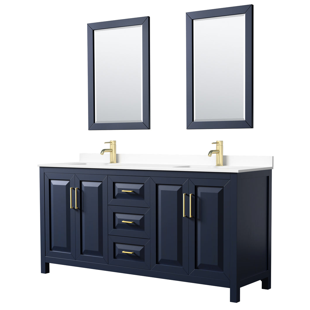 Wyndham Daria 72 Inch Double Bathroom Vanity in Dark Blue, White Cultured Marble Countertop, Undermount Square Sinks, 24 Inch Mirrors- Wyndham