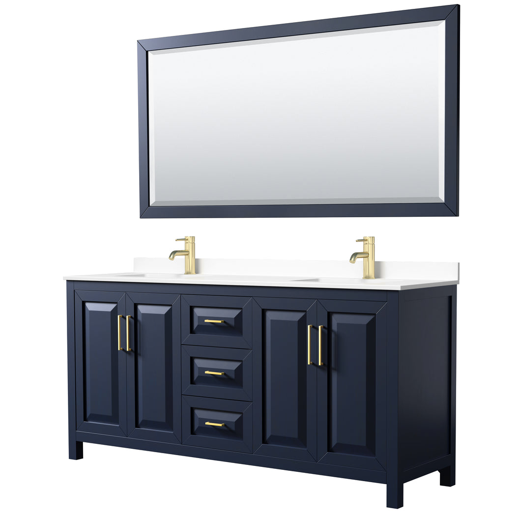 Wyndham Daria 72 Inch Double Bathroom Vanity in Dark Blue, White Cultured Marble Countertop, Undermount Square Sinks, 70 Inch Mirror- Wyndham