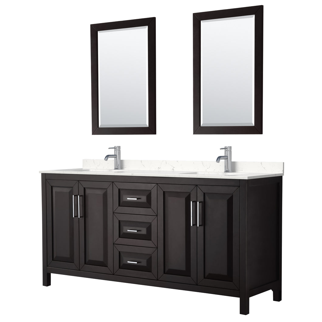 Wyndham Daria 72 Inch Double Bathroom Vanity in Dark Espresso, Light-Vein Carrara Cultured Marble Countertop, Undermount Square Sinks, 24 Inch Mirrors- Wyndham