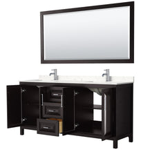 Load image into Gallery viewer, Wyndham Daria 72 Inch Double Bathroom Vanity in Dark Espresso, Light-Vein Carrara Cultured Marble Countertop, Undermount Square Sinks, 70 Inch Mirror- Wyndham