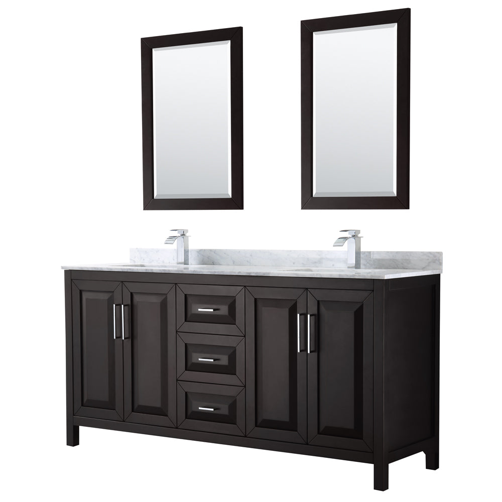 Wyndham Daria 72 Inch Double Bathroom Vanity in Dark Espresso, White Carrara Marble Countertop, Undermount Square Sinks, and 24 Inch Mirrors- Wyndham