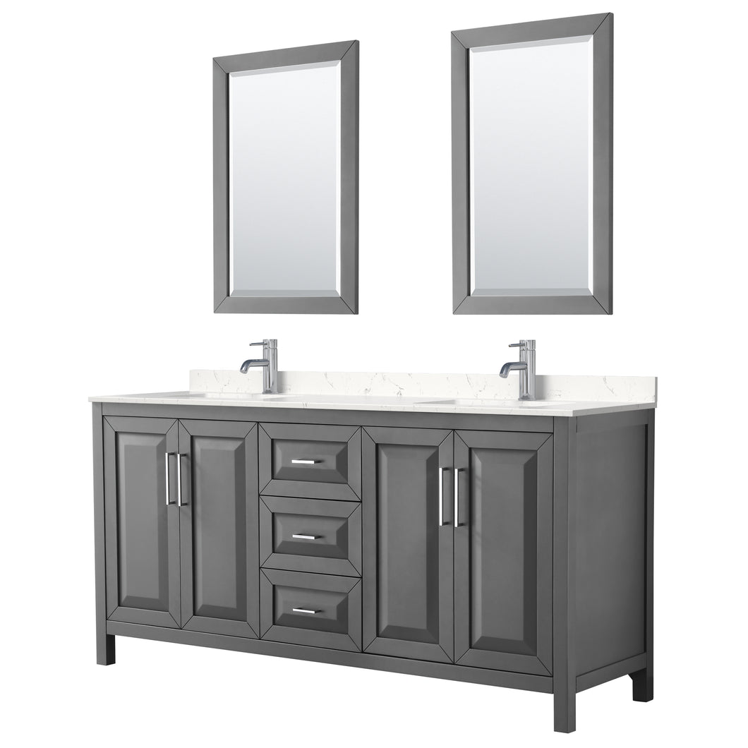 Wyndham Daria 72 Inch Double Bathroom Vanity in Dark Gray, Light-Vein Carrara Cultured Marble Countertop, Undermount Square Sinks, 24 Inch Mirrors- Wyndham