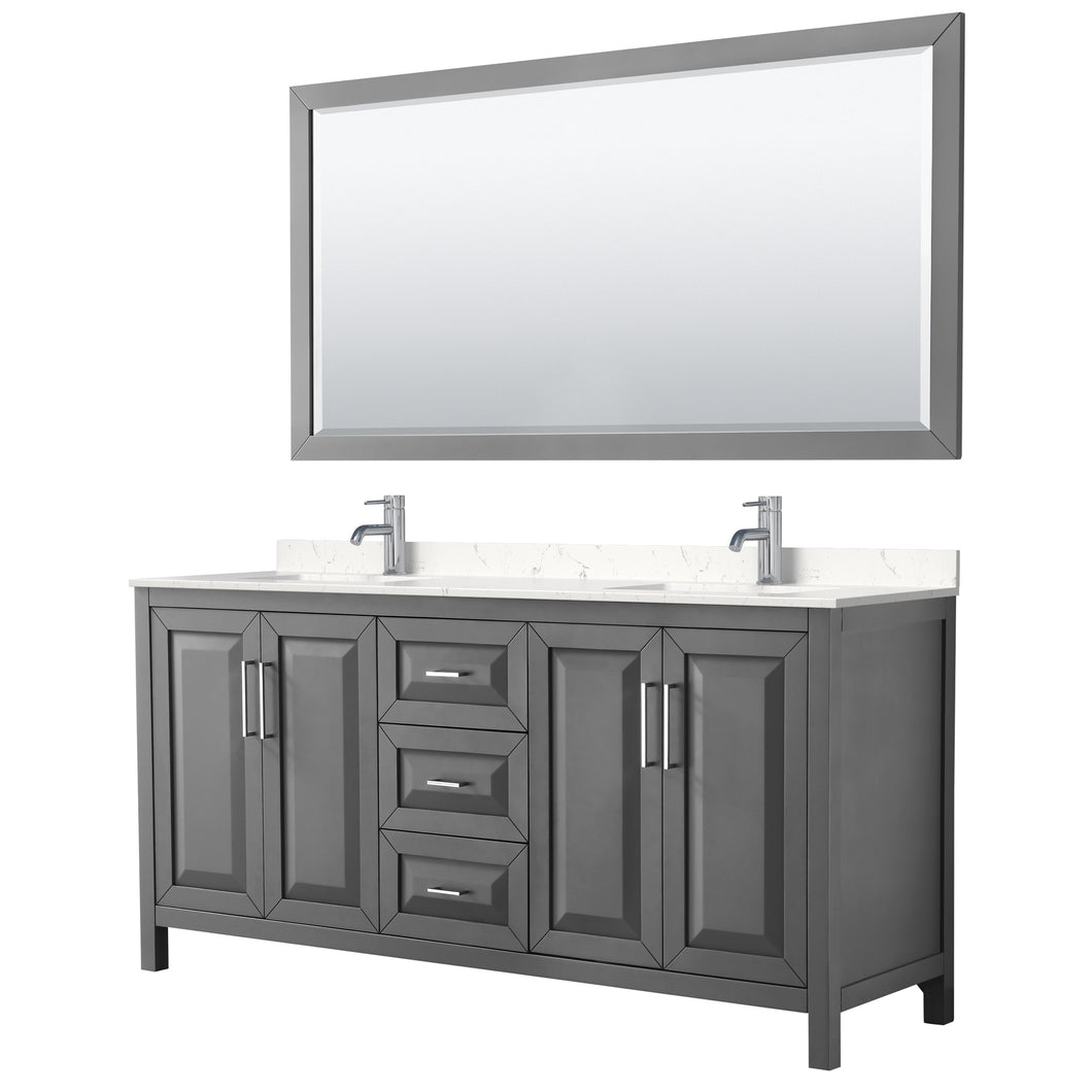 Wyndham Daria 72 Inch Double Bathroom Vanity in Dark Gray, Light-Vein Carrara Cultured Marble Countertop, Undermount Square Sinks, 70 Inch Mirror- Wyndham