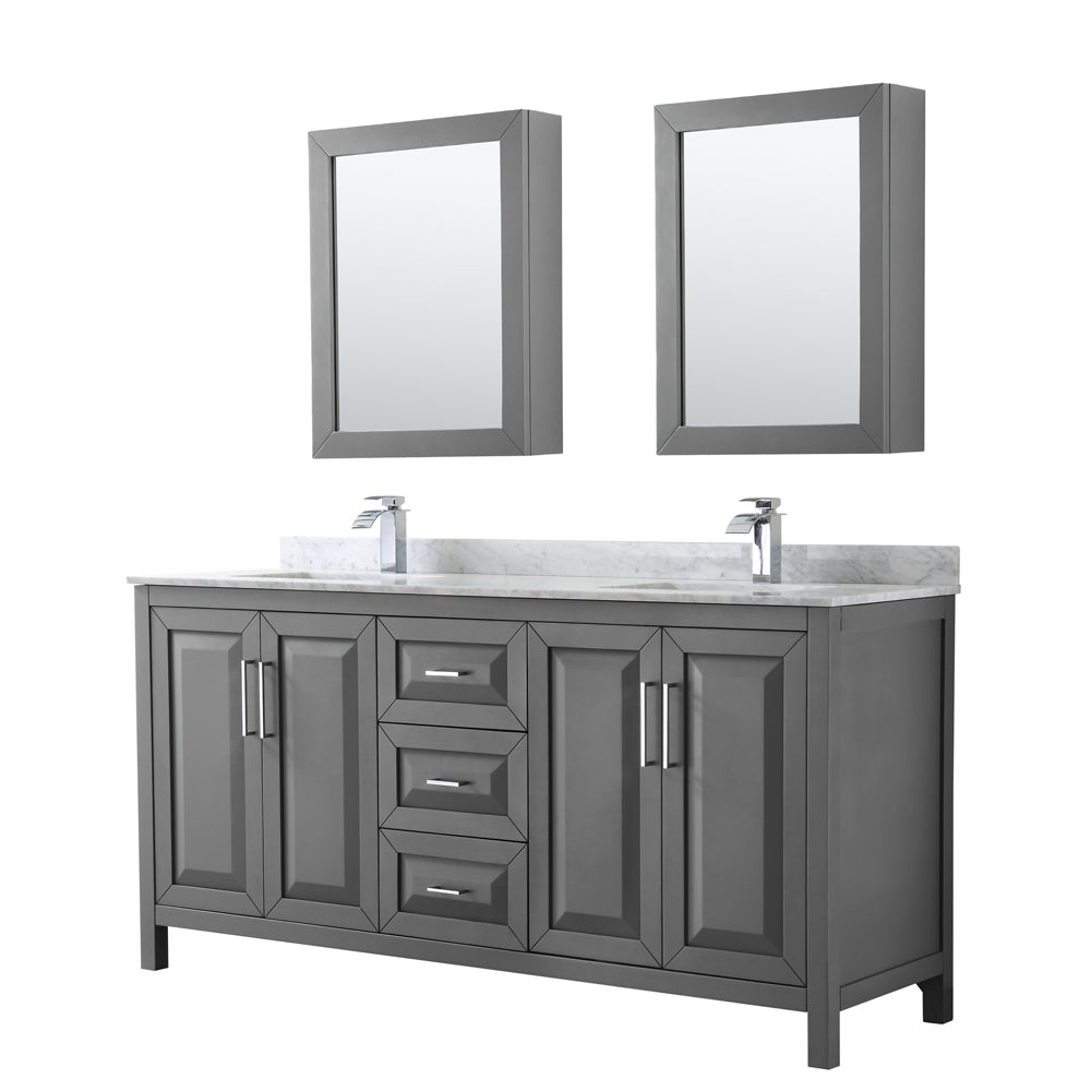 Wyndham Daria 72 Inch Double Bathroom Vanity in Dark Gray, White Carrara Marble Countertop, Undermount Square Sinks, and Medicine Cabinets- Wyndham