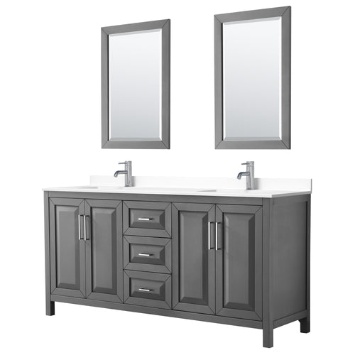 Wyndham Daria 72 Inch Double Bathroom Vanity in Dark Gray, White Cultured Marble Countertop, Undermount Square Sinks, 24 Inch Mirrors- Wyndham