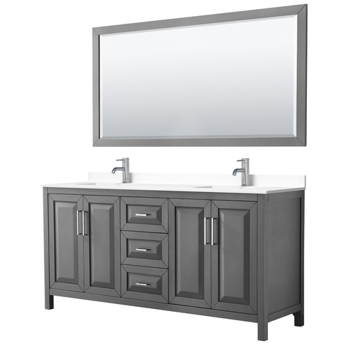 Wyndham Daria 72 Inch Double Bathroom Vanity in Dark Gray, White Cultured Marble Countertop, Undermount Square Sinks, 70 Inch Mirror- Wyndham