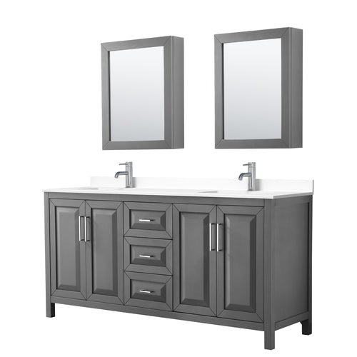Wyndham Daria 72 Inch Double Bathroom Vanity in Dark Gray, White Cultured Marble Countertop, Undermount Square Sinks, Medicine Cabinets- Wyndham