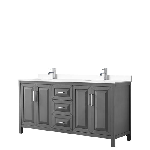 Wyndham Daria 72 Inch Double Bathroom Vanity in Dark Gray, White Cultured Marble Countertop, Undermount Square Sinks, No Mirror- Wyndham